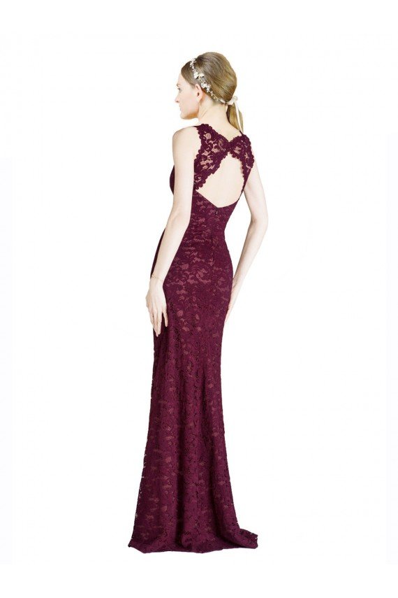 Affordable Long Lace Bridesmaid Dress / Prom Dress with Peekaboo Bodice and Keyhole Back