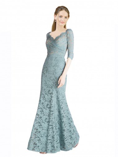 Affordable Half Sleeves Pleated Lace Bridesmaid Dress / Prom Dress with Wrap-Around Portrait Neckline