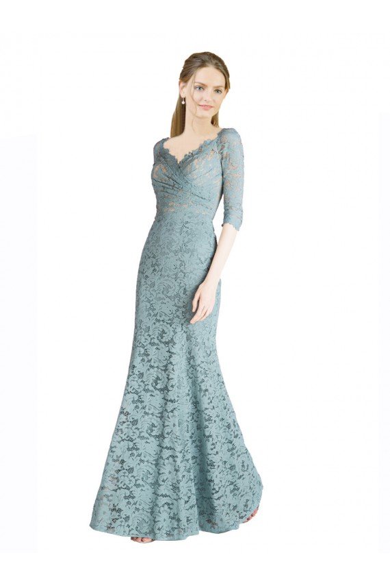 Affordable Half Sleeves Pleated Lace Bridesmaid Dress / Prom Dress with Wrap-Around Portrait Neckline