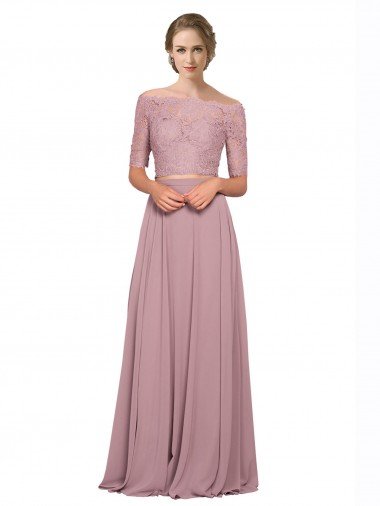 Affordable Off the Shoulder Lace Crop Top A-Line Chiffon Bridesmaid Dress / Prom Dress