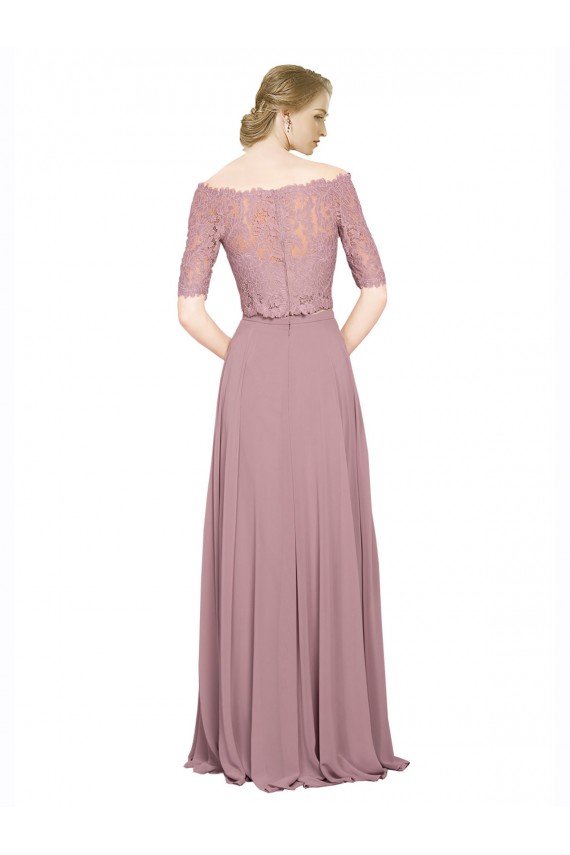 Affordable Off the Shoulder Lace Crop Top A-Line Chiffon Bridesmaid Dress / Prom Dress