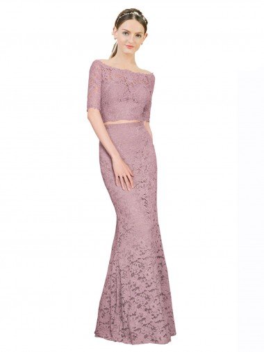 Affordable Short Sleeves Crop Top Mermaid Lace Bridesmaid Dress / Prom Dress