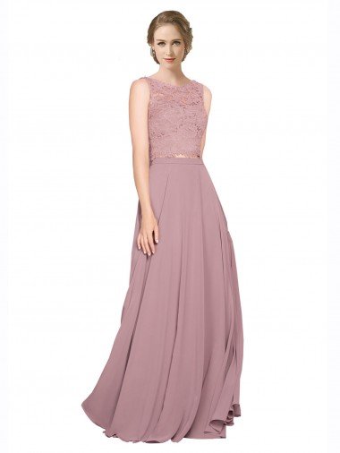 Affordable Long A-Line Chiffon Bridesmaid Dress / Prom Dress with Sleeveless Lace Crop Top
