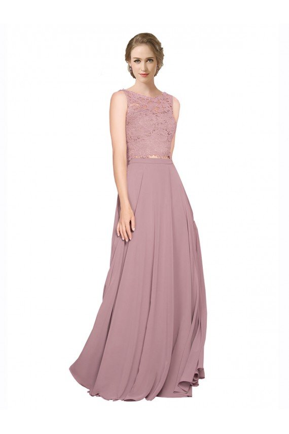 Affordable Long A-Line Chiffon Bridesmaid Dress / Prom Dress with Sleeveless Lace Crop Top