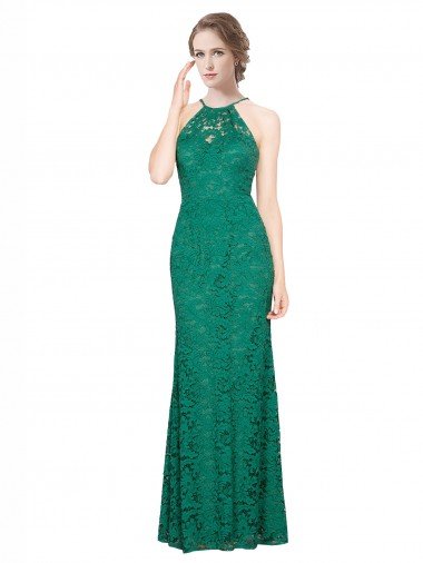 Affordable High Illusion Halter Neck Long Lace Bridesmaid Dress / Prom Dress