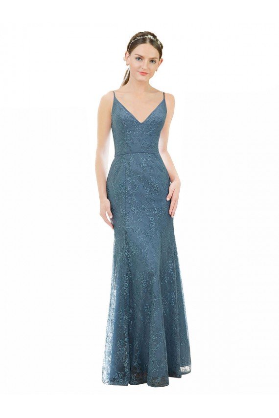 Affordable Deep V-Neck All Over Chantilly Lace Bridesmaid Dress with Criss Cross Open Back