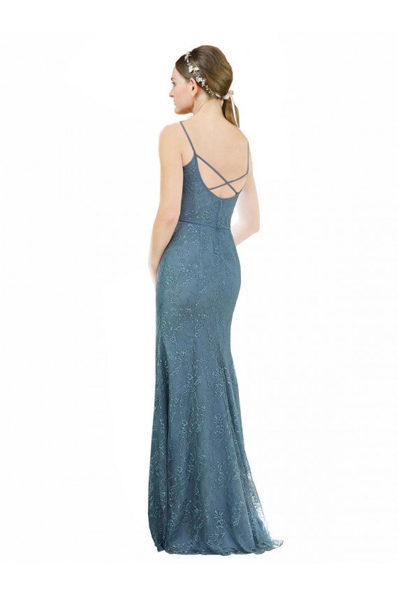 Affordable Deep V-Neck All Over Chantilly Lace Bridesmaid Dress with Criss Cross Open Back