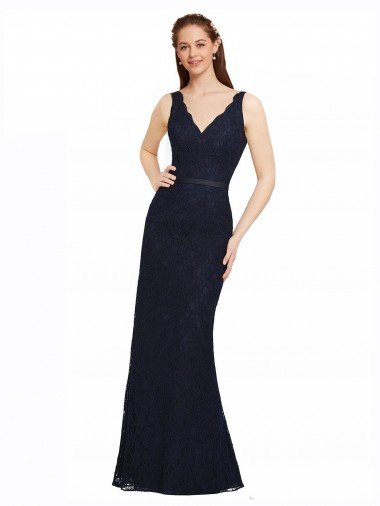 Affordable Lace Bridesmaid Dress with Satin Waistband and Open Back