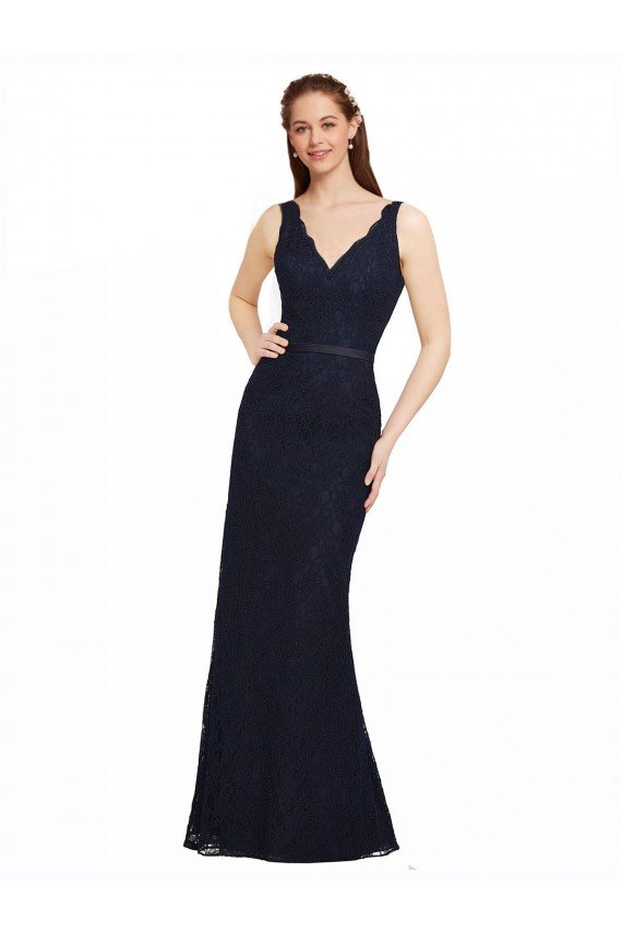 Affordable Lace Bridesmaid Dress with Satin Waistband and Open Back