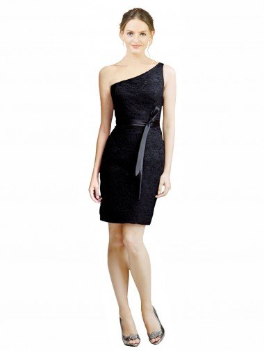 Affordable One Shoulder Short Lace Cocktail Bridesmaid Dress with Satin Waistband