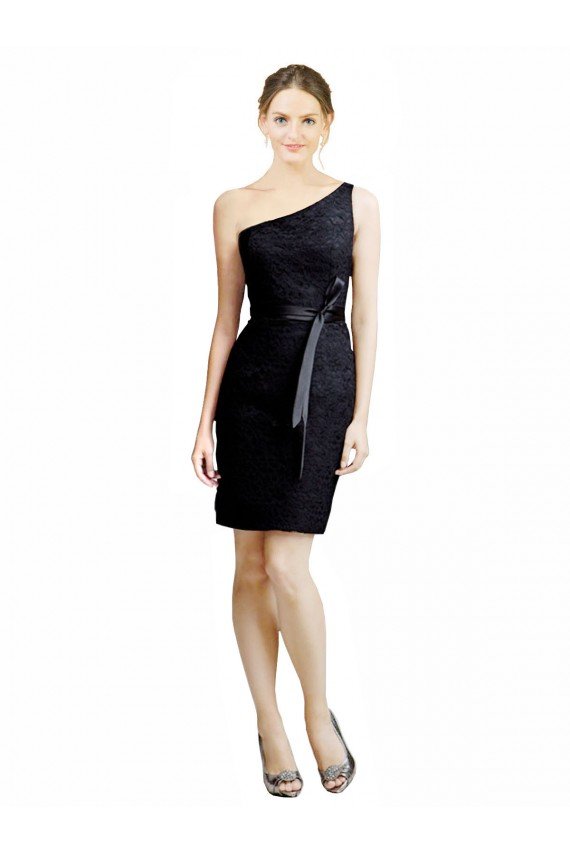 Affordable One Shoulder Short Lace Cocktail Bridesmaid Dress with Satin Waistband