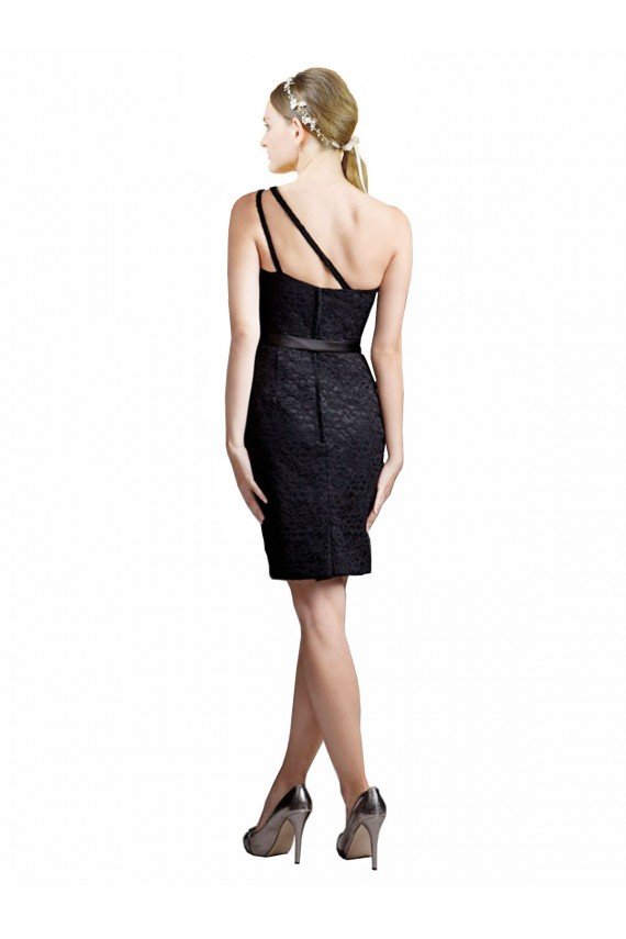 Affordable One Shoulder Short Lace Cocktail Bridesmaid Dress with Satin Waistband
