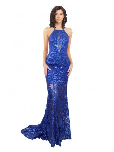 Affordable High Neck Long Open Back Lace Bridesmaid Dress / Prom Dress with Train