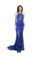 Affordable High Neck Long Open Back Lace Bridesmaid Dress / Prom Dress with Train