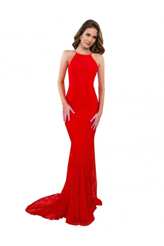 Affordable High Neck Long Formal Lace Bridesmaid Dress / Prom Dress with Open Back Straps