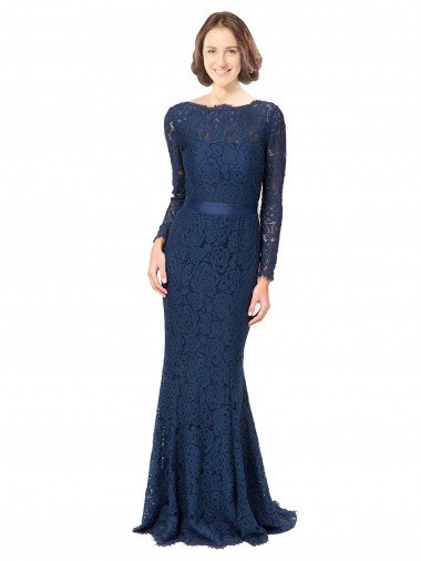 Affordable Long Sleeves Floor Length Vintage Lace Bridesmaid Dress with Deep V-Back
