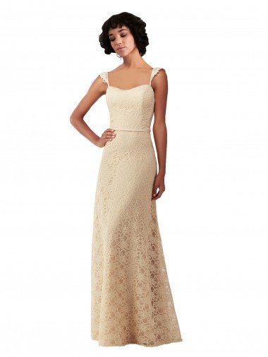 Affordable Lace A-Line Long Bridesmaids Dress with Satin Waistband