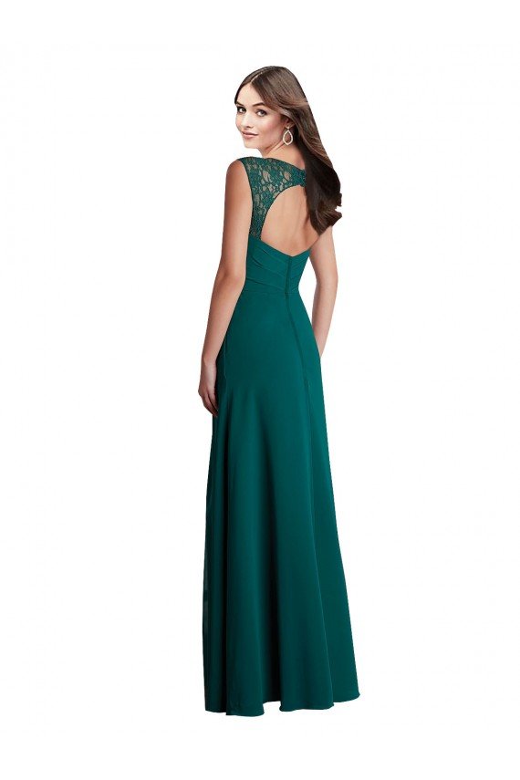 Affordable Long A-Line Lace and Chiffon Bridesmaid Dress with Open Back