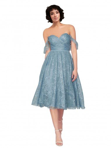 Affordable Off the Shoulder Sweetheart Chantilly Lace Midi Length Cocktail Bridesmaid Dress