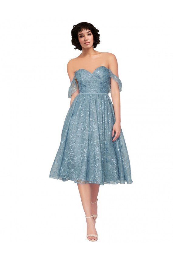 Affordable Off the Shoulder Sweetheart Chantilly Lace Midi Length Cocktail Bridesmaid Dress