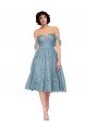 Affordable Off the Shoulder Sweetheart Chantilly Lace Midi Length Cocktail Bridesmaid Dress