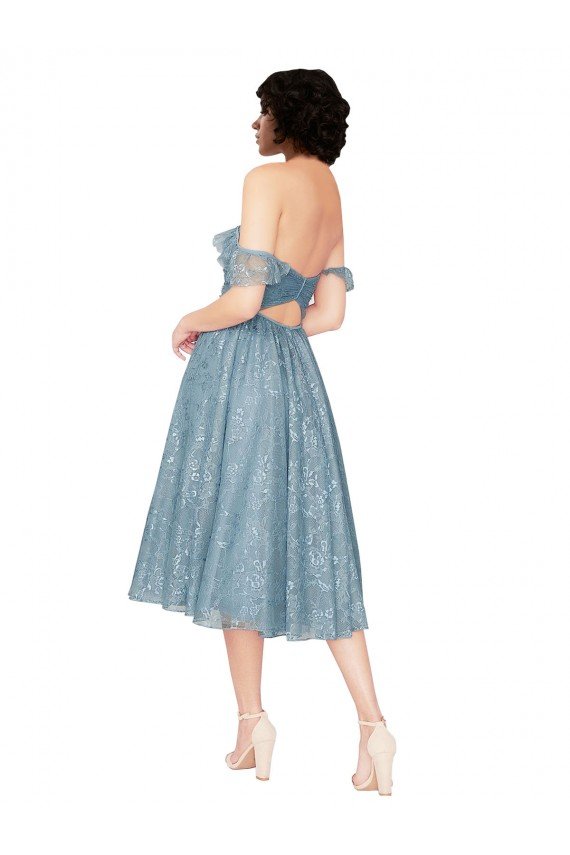 Affordable Off the Shoulder Sweetheart Chantilly Lace Midi Length Cocktail Bridesmaid Dress