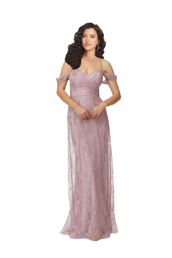 Affordable Sweetheart Chantilly Lace Bridesmaid Dress with Off the Shoulder Sleeves