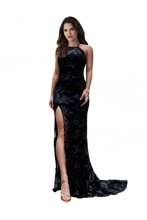 Affordable Formal High Neckline Lace Open Back Bridesmaid Dress / Prom Dress with High Slit