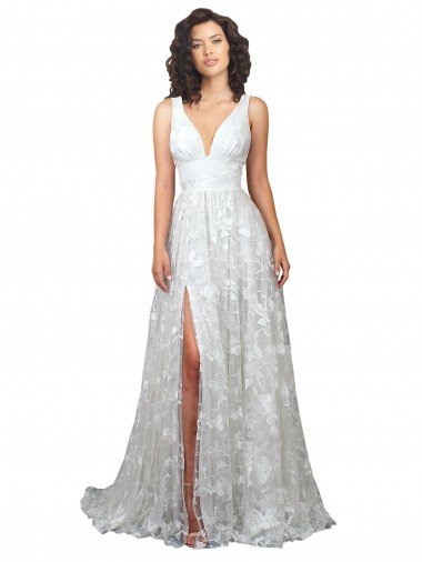 Affordable Plunging V-Neckline Wedding Dress with Slit