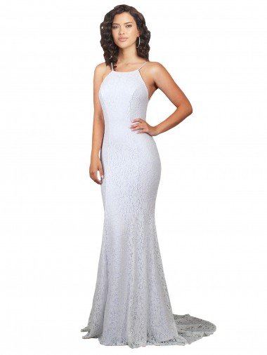 Affordable High Neck Backless Lace Wedding Dress with Plunging Low Back