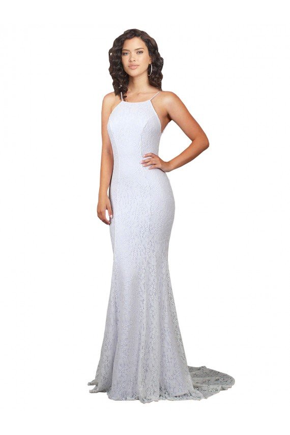 Affordable High Neck Backless Lace Wedding Dress with Plunging Low Back