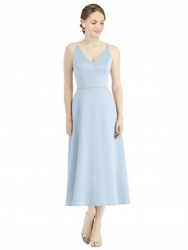 Affordable Short Tea Length V-Neck Satin Bridesmaid Dress