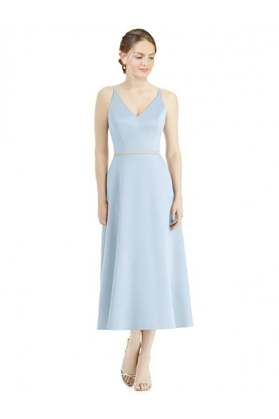 Affordable Short Tea Length V-Neck Satin Bridesmaid Dress