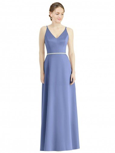 Affordable Long Floor Length V-Neck Satin Bridesmaid Dress with Spaghetti Straps