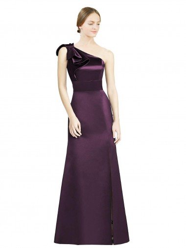 Affordable Full Length One Shoulder Satin Bridesmaid Dress with Bow Shoulder Detail