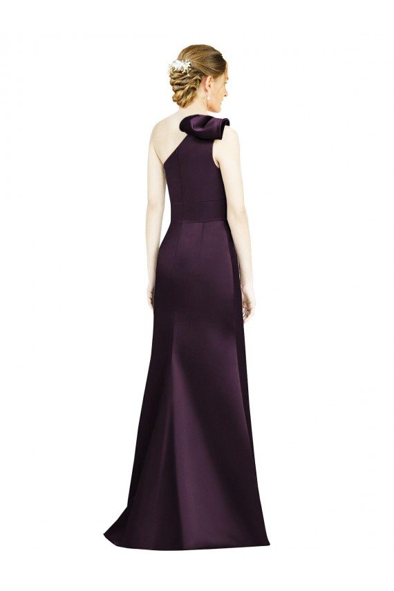 Affordable Full Length One Shoulder Satin Bridesmaid Dress with Bow Shoulder Detail