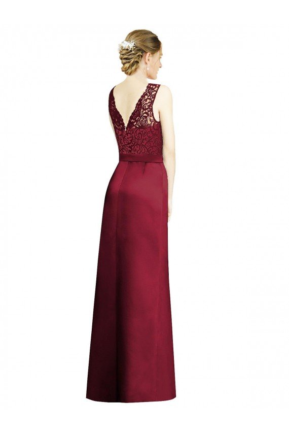 Affordable Full Length Sleeveless Satin Bridesmaid Dress with Lace Bodice