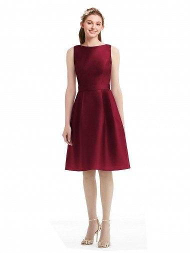 Affordable Short Midi Length Satin Cocktail Bridesmaid Dress with Bateau Neckline and V-Back