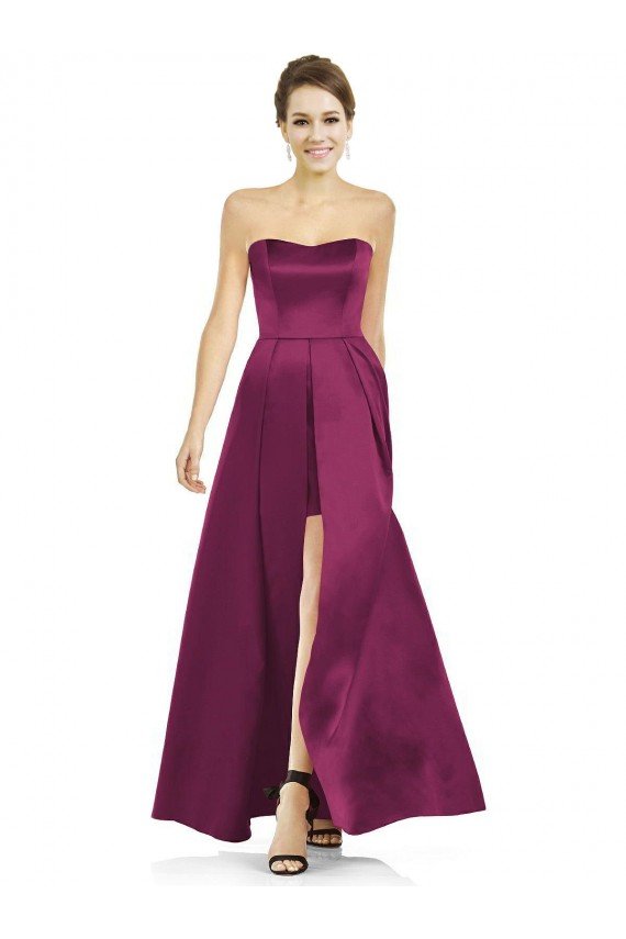 Affordable Full Length Strapless Long Satin Bridesmaid Dress with Sweetheart Neckline