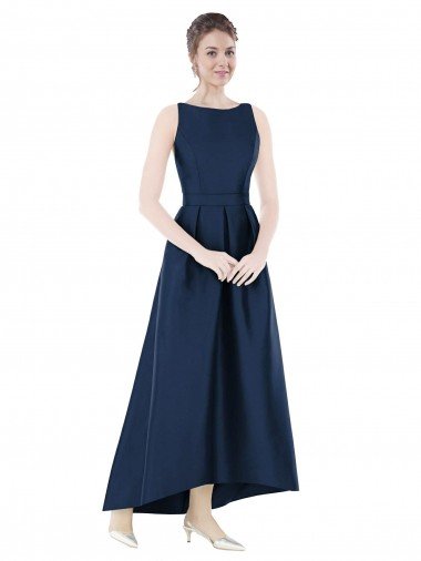 Affordable Full Length Sleeveless Long Satin Bridesmaid Dress with High Low Hem Detail