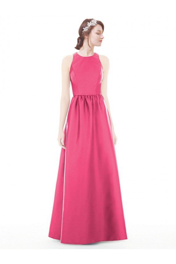 Affordable Jewel Neck Keyhole Back Sleek Long Satin Bridesmaid Dress