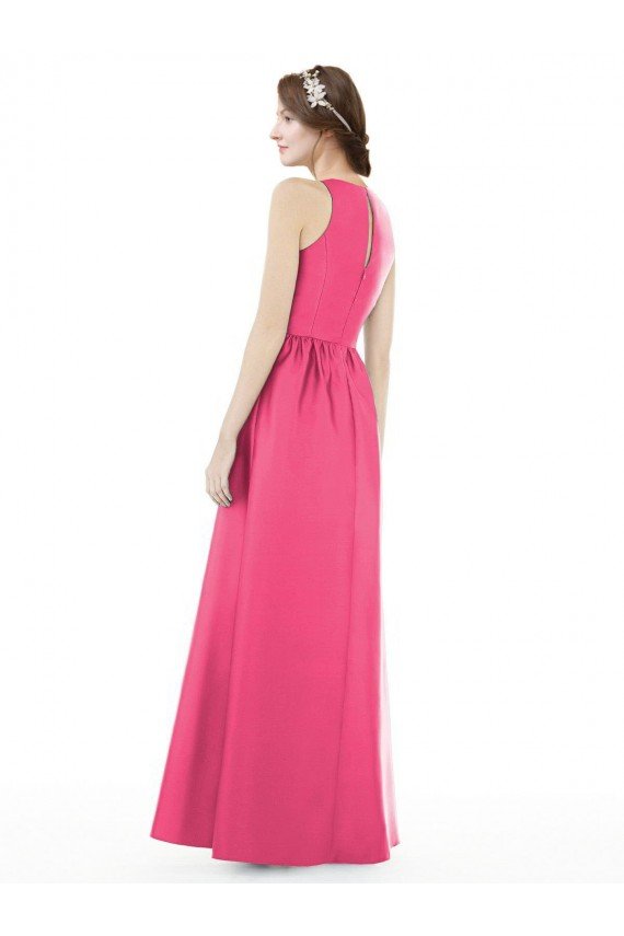 Affordable Jewel Neck Keyhole Back Sleek Long Satin Bridesmaid Dress