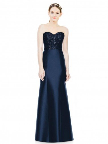 Affordable Full Length Strapless Satin Bridesmaid Dress with Lace Sweetheart Neckline
