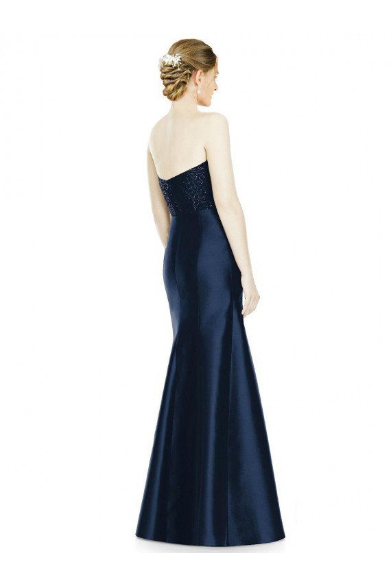 Affordable Full Length Strapless Satin Bridesmaid Dress with Lace Sweetheart Neckline