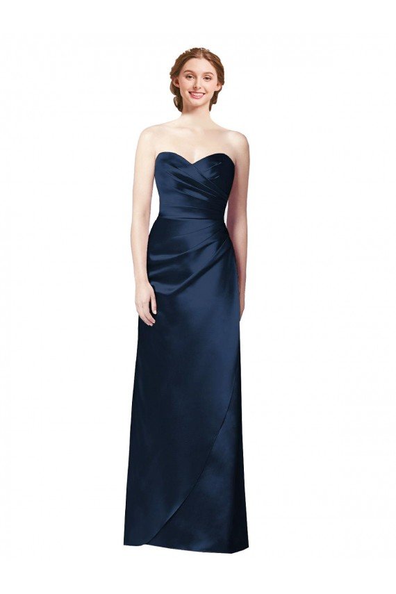 Affordable Faux Wrap A-Line Long Satin Bridesmaid Dress with Draped Bodice