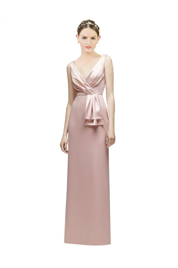 Affordable Sleeveless V-Neck Long Satin Bridesmaid Dress with Draped Bodice and Tiered Bow