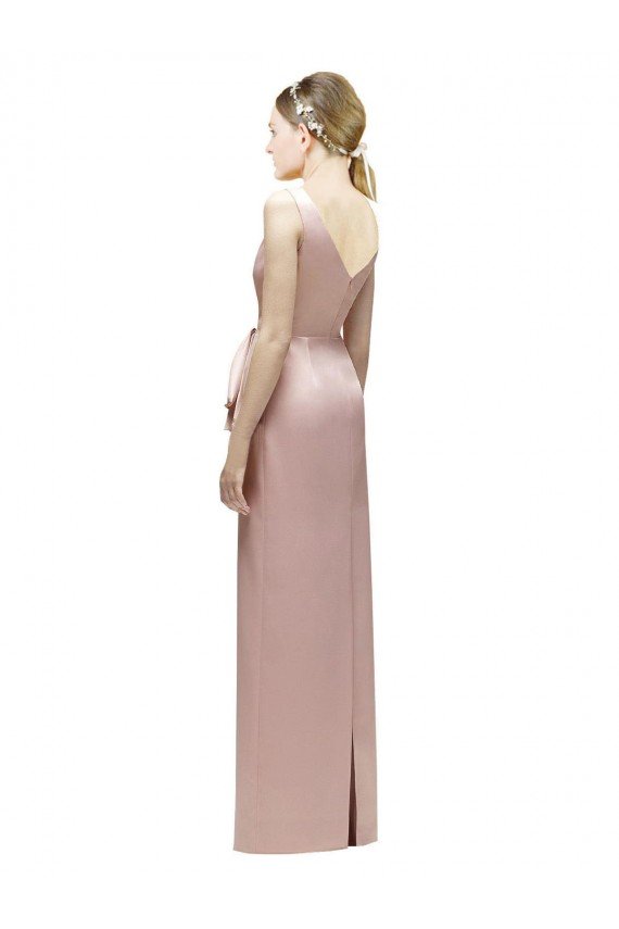 Affordable Sleeveless V-Neck Long Satin Bridesmaid Dress with Draped Bodice and Tiered Bow