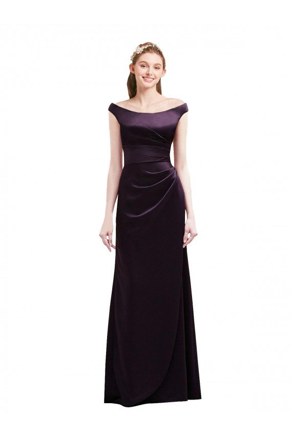Affordable Off The Shoulder Long Satin Bridesmaid Dress with Asymmetrical Pleated Bodice