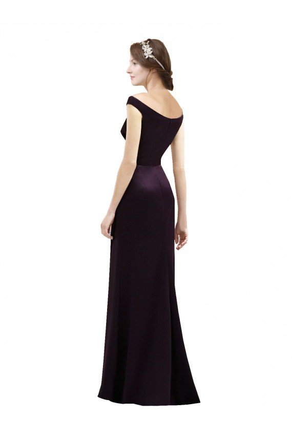 Affordable Off The Shoulder Long Satin Bridesmaid Dress with Asymmetrical Pleated Bodice