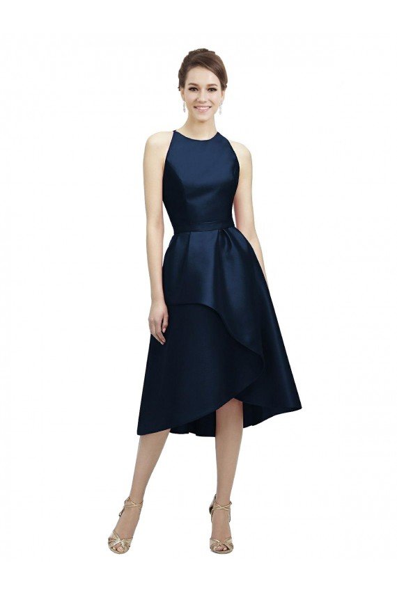 Affordable Halter Neck Short Tea Length Sleeveless Satin Bridesmaid Dress